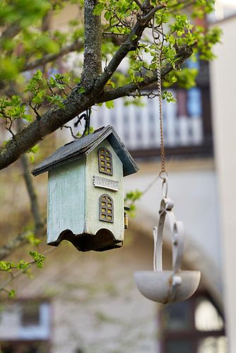 Houten vogelhuisje in een boom