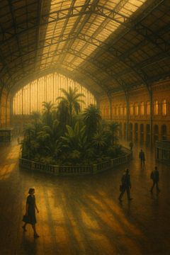 Atocha Station at Sunset – Golden Calm beneath the Glass Roof