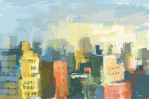 Kleurrijk abstracte skyline schilderij op doek
