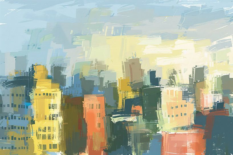 Kleurrijk abstracte skyline schilderij op doek van Art & Soul Creations