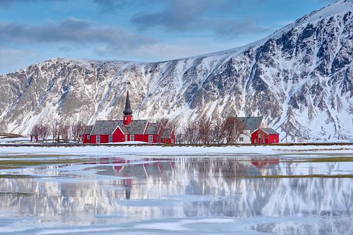 Red church of Flakstad in winter landscape, Lofoten