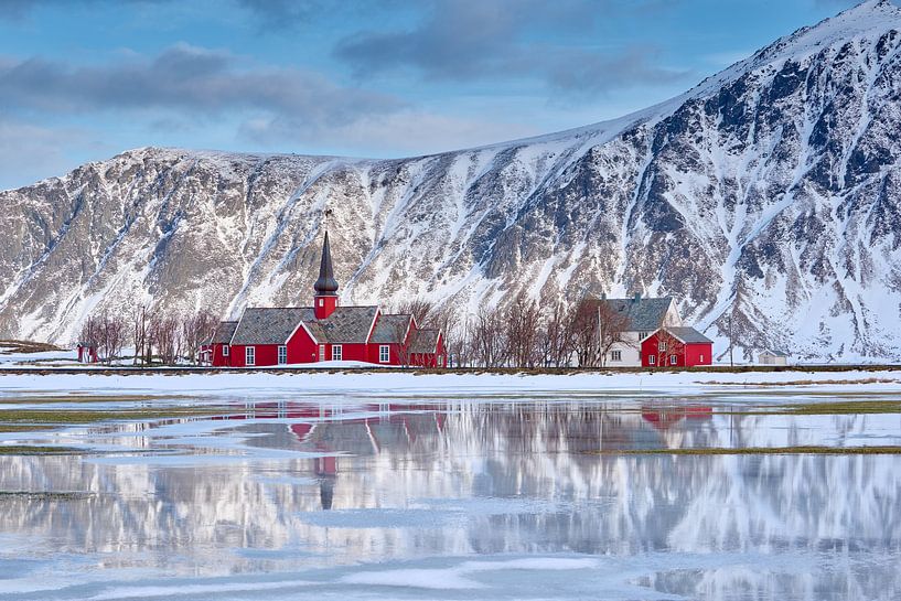 Red church of Flakstad in winter landscape, Lofoten by Jürgen Ritterbach