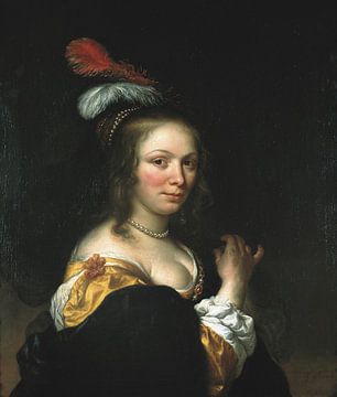 Portret van een jonge vrouw met een gevederde hoed, Govaert Flinck