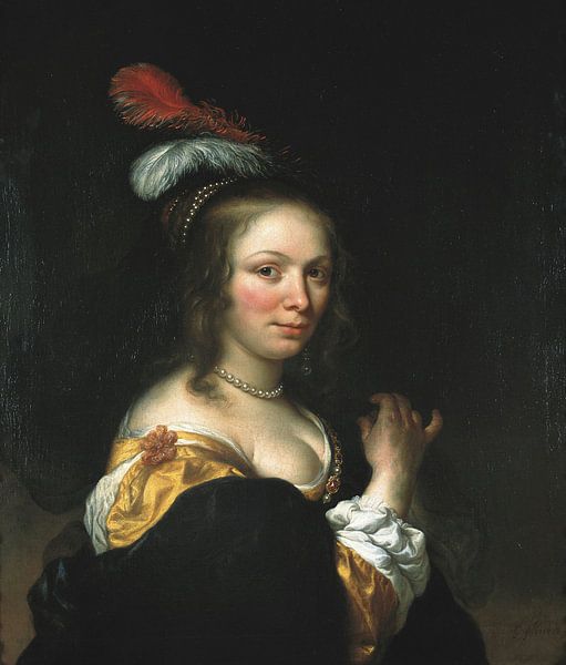 Portrait of a young woman wearing a feathered hat, Govaert Flinck by Masterful Masters