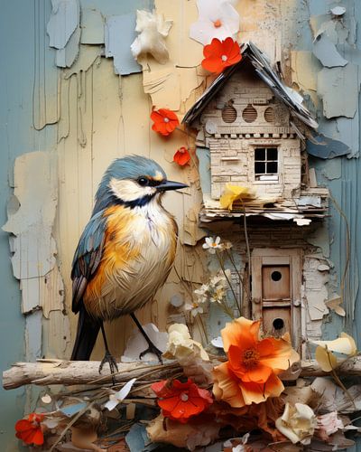 Bunter Vogel im Mixed-Media-Stil