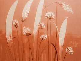 Botanical illustration featuring flowers and ornamental grasses in warm terracotta