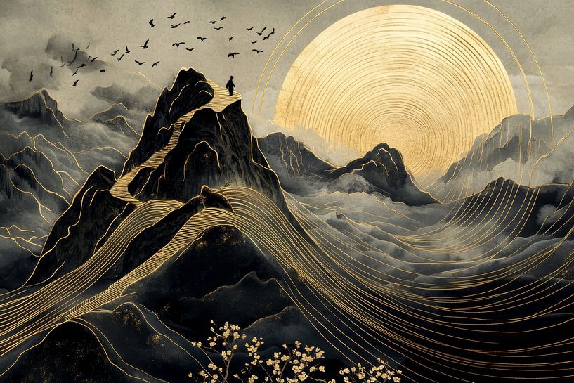 Adventurous mountain peaks with golden sunshine and birds in flight by Digitale Schilderijen