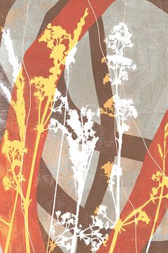 Fleurs. Abstrait Retro Botanique. Fleurs et herbe dans des tons terreux, blanc, terracotta, beige, j sur Dina Dankers