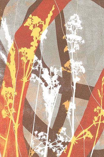 Bloemen. Abstract Retro Botanisch. Bloemen en gras in aardetinten, wit, terracotta, beige, geel