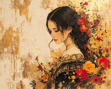 Bloemen | Vrouw met Bloemen | Schilderij Bloemen van Kunst Kriebels