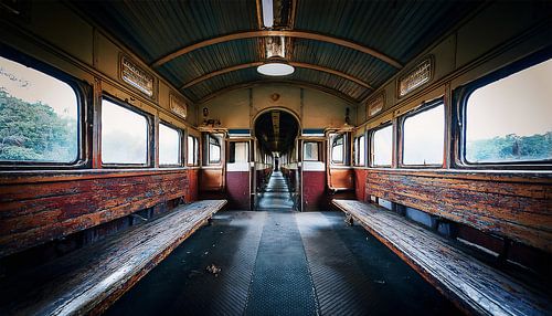 Verloren plaats trein met zonnestralen