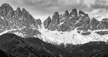 Odle mountain massif in black and white, Dolomites, Italy