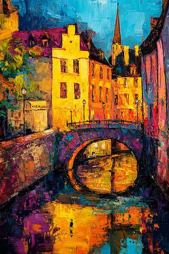 Kleurrijke brug en stadsreflectie