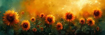 Heldere zonnebloemen op een aquarelachtergrond van Poster Art Shop