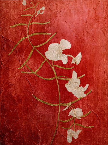 Japandi Art: Branch with blossom on linen structure (Mixed Media) by Studio Pieternel
