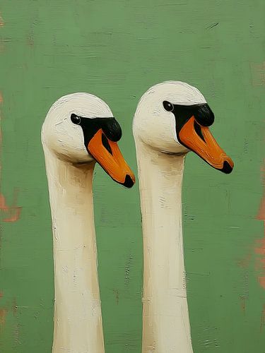 Zwei Schwäne in einem Retro-grünen Hintergrund - Minimalistisches Tierporträt von Roger VDB
