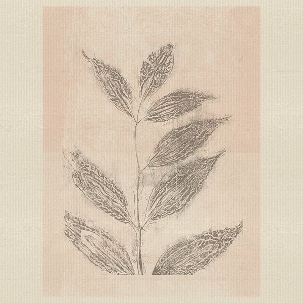 Delicate leaves in taupe on soft pink. Minimalist botanical by Dina Dankers