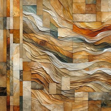 Abstracte collage met thema zand en zee, textiel en textuur van Lois Diallo