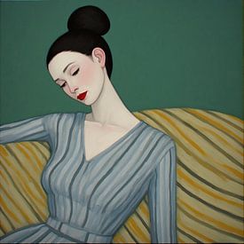 Ein Porträt einer jungen Frau mit Dutt und gestreiftem Kleid, die auf der Couch chillt. von J.a Dijkstra