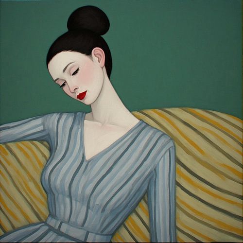 Een portet van een jonge vrouw met knotje en strepen jurk chillen op de bank.