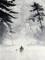 Facing the adventure (black and white watercolor painting landscape canoe nature mancave gray sailin