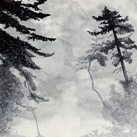 Facing the adventure (black and white watercolor painting landscape canoe nature mancave gray sailin