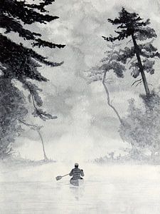 Faire face à l'aventure (aquarelle noir et blanc paysage canoë nature mancave gris voile homme ) sur Natalie Bruns