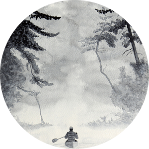 Het avontuur tegemoet (zwart wit aquarel schilderij landschap kano natuur mancave grijs varen man ) van Natalie Bruns