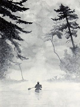 Facing the adventure (schwarz-weiß Aquarellmalerei Landschaft Kanu Natur Mannshöhle grau Segeln Mann von Natalie Bruns