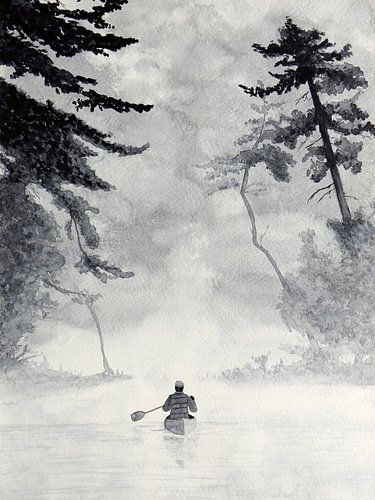 Het avontuur tegemoet (zwart wit aquarel schilderij landschap kano natuur mancave grijs varen man )