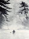 Het avontuur tegemoet (zwart wit aquarel schilderij landschap kano natuur mancave grijs varen man ) van Natalie Bruns thumbnail