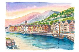 Die bunten Hanse-Häuser von Bryggen spiegeln sich im Hafen von Bergen, Norwegen