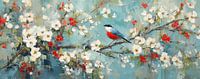 Bird on branch with colourful flowers