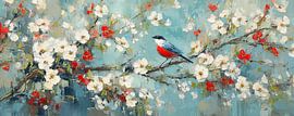 Bird on branch with colourful flowers by Flower Studio