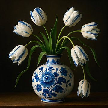 Delft Blue Tulip still - vase with white tulips by Kleurenrijk
