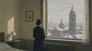 Woman Watching Snowy Cathedral City — Quiet European Winter Wall Art