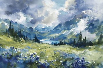 Alpenweide met uitzicht op bergmeer van NJ Midnight Studio