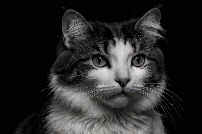 Portrait de chat noir et blanc au regard intense par Art & Soul Creations