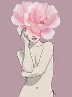 Dusty Pink Floral Nude Art Print - Vrouwelijke lijntekening, Pioen Hoofd Vrouw,