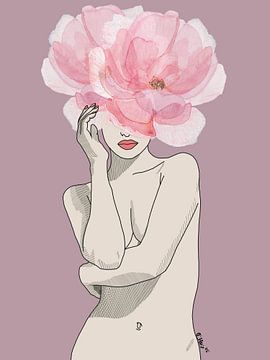 Dusty Pink Floral Nude Art Print - Vrouwelijke lijntekening, Pioen Hoofd Vrouw, van Chrz - AquaPixelFusion