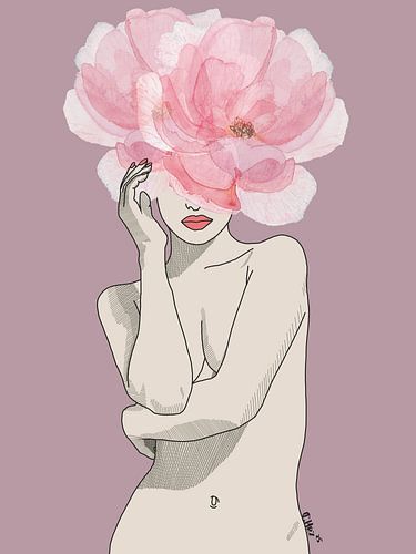 Dusty Pink Floral FrauenAkt - Feminine Line Drawing, Peony Head Woman,
