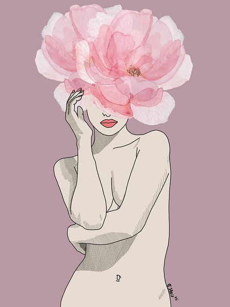 Impression d'art floral rose poudré - Dessin au trait féminin, femme à tête de pivoine, par Chrz - AquaPixelFusion