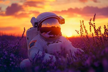 Astronaut in een lavendelveld bij zonsondergang van Poster Art Shop