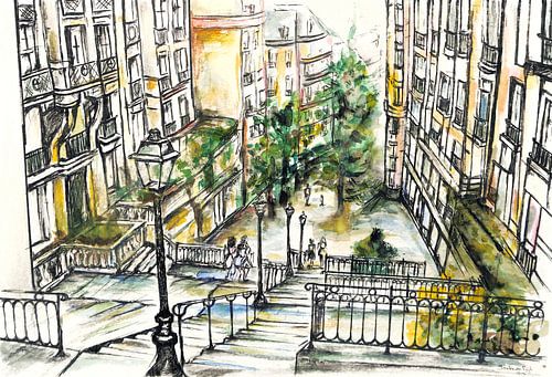 Die Stufen des Montmartre in Paris(1) Handgemalte Aquarellzeichnung