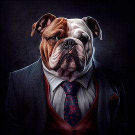 Stately portrait of a Bulldog in a fancy suit by Maarten Knops