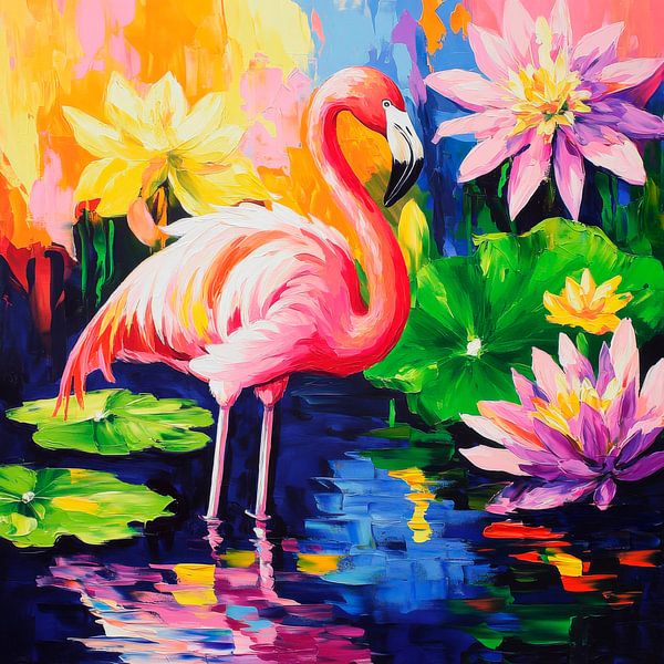 Bunter Flamingo im Teich mit Blumen von Poster Art Shop