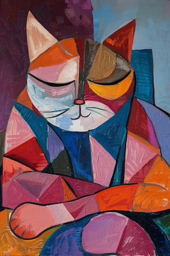 Kubistische Kat in Warme Kleuren