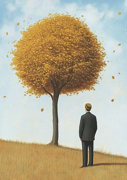 Herfstgedachten - Minimalistische poster met man onder boom van Niklas Maximilian