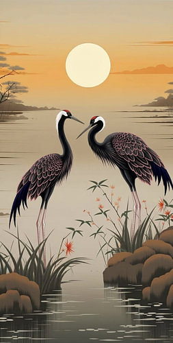 Japanese Style Red-Crowned Cranes at Sunset