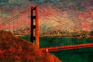 Golden Gate Bridge mit Skyline von San Francisco als Mehrfachbelichtung